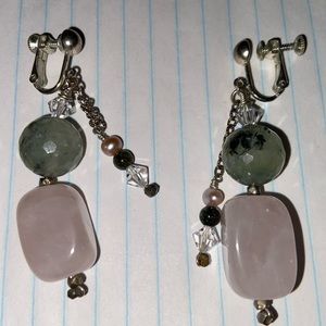 Handmade Green Agate And Rose Quartz Clip Earrings